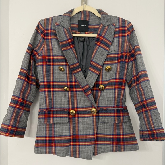 Smythe Women’s 2 Designer Gray Plaid Lined Suit Blazer Jacket Gold Crest Buttons